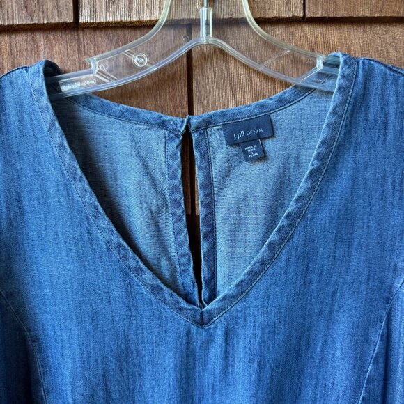 J Jill Denim Blue Boho Embroidered Dress Shift 3/4 Sleeve V-Neck - Petite Large - Picture 4 of 13